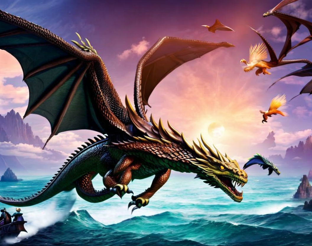 Majestic dragon flying over turbulent sea at sunset with boats below