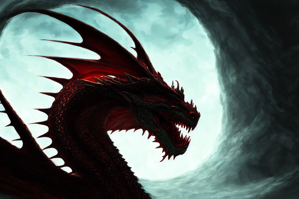 Red Dragon with Large Horns and Sharp Teeth in Dark Background