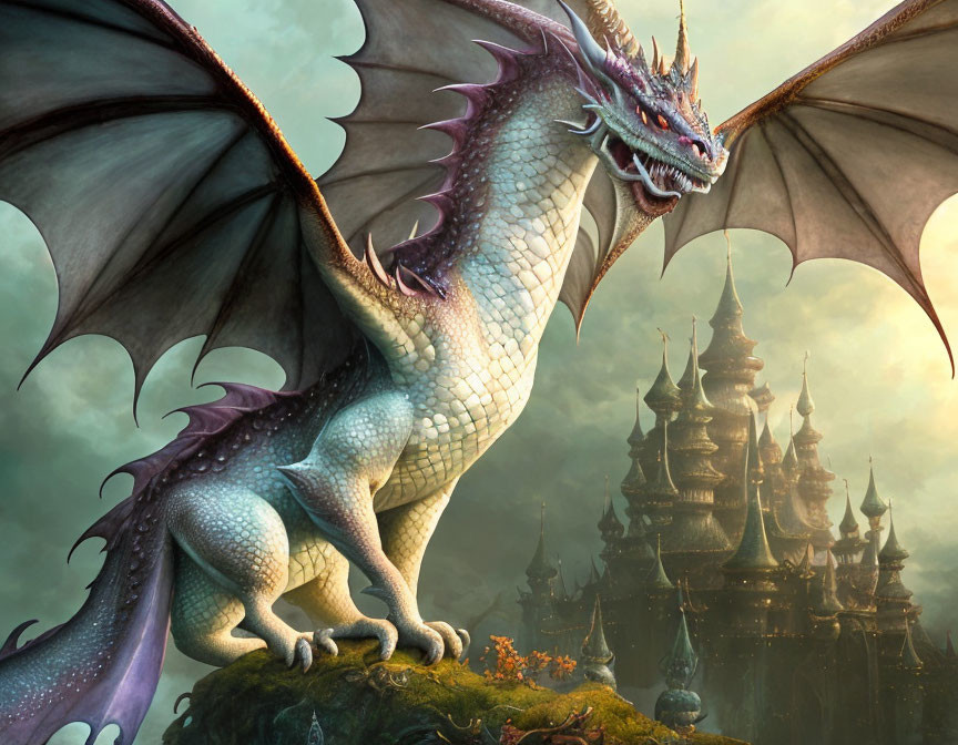 Purple-winged dragon on hill with fantasy towers under hazy sky