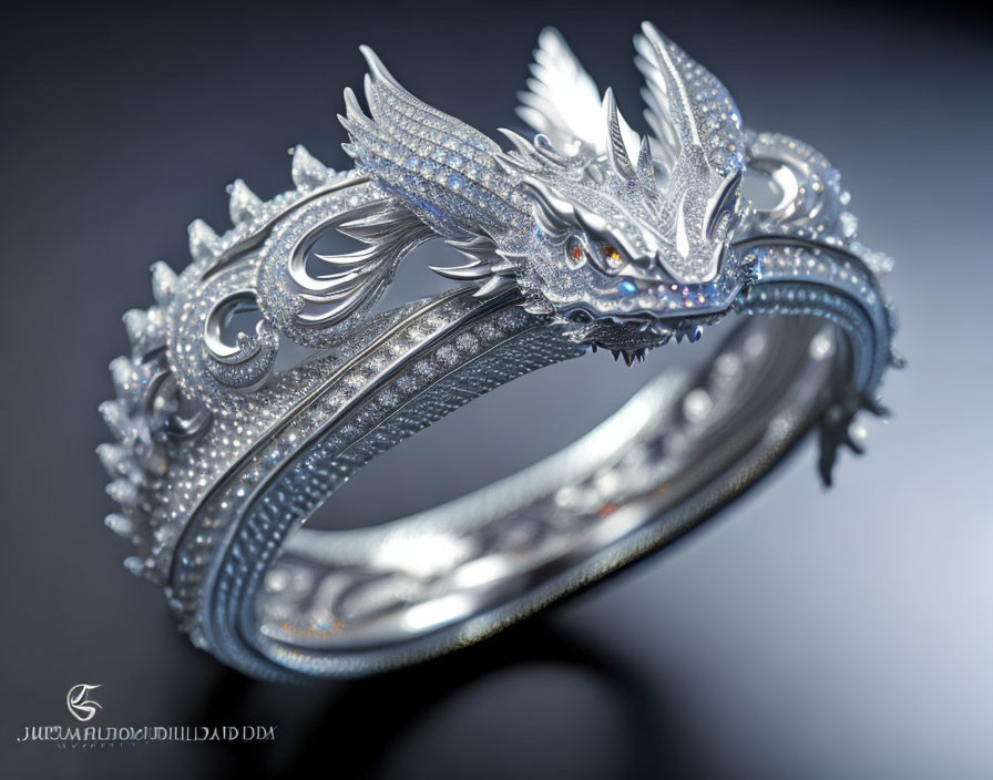 Silver Dragon Ring with Intricate Designs and Small Diamonds