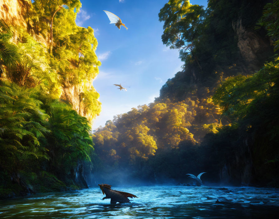 Mystical River Gorge with Green Cliffs, Golden Sunlight, Birds, and Dragon