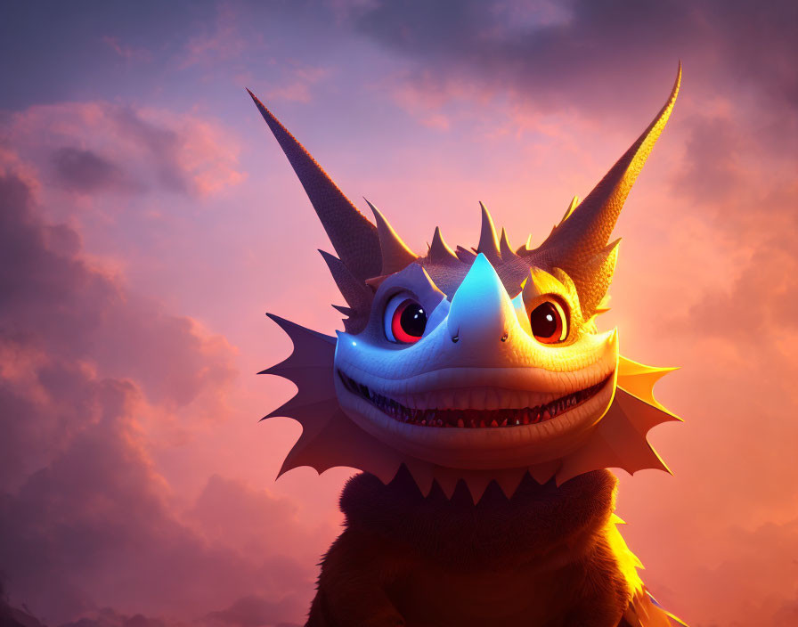 Colorful animated dragon with large eyes and sharp horns in sunset sky