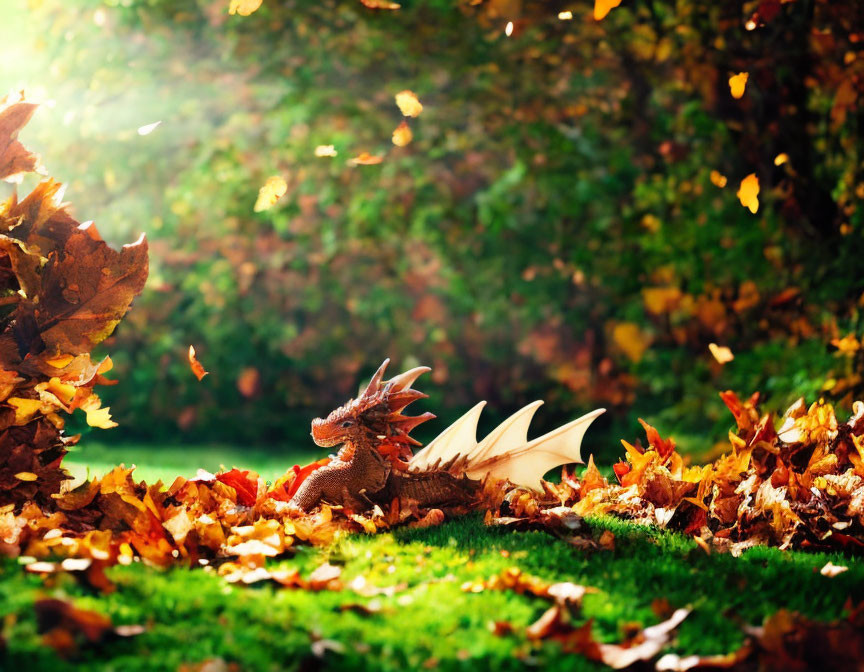 Toy Dinosaur in Autumn Leaves on Sunlit Grass with Greenery Bokeh