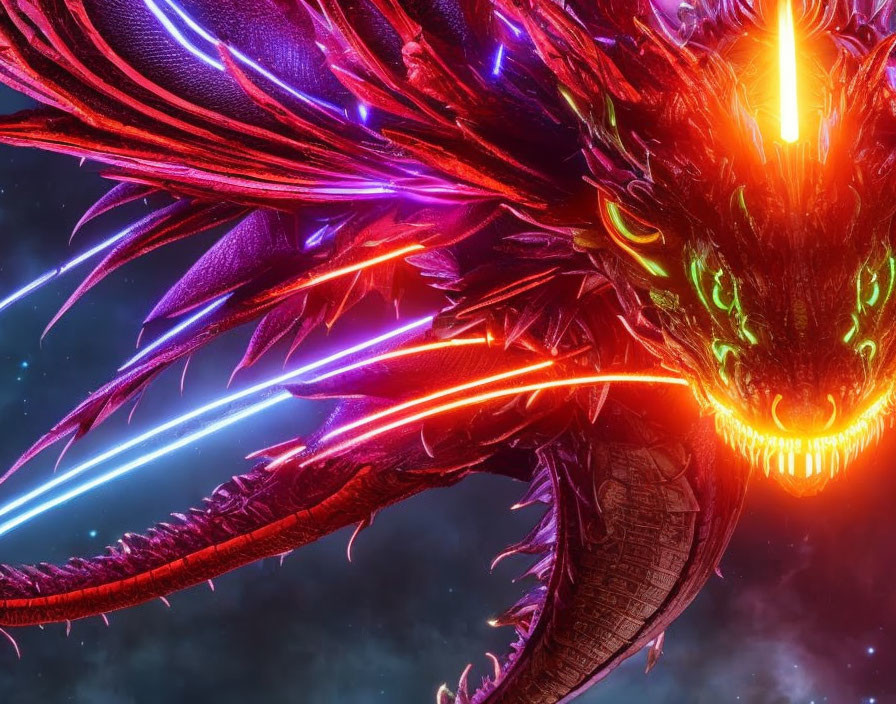 Detailed dragon with glowing eyes in cosmic backdrop