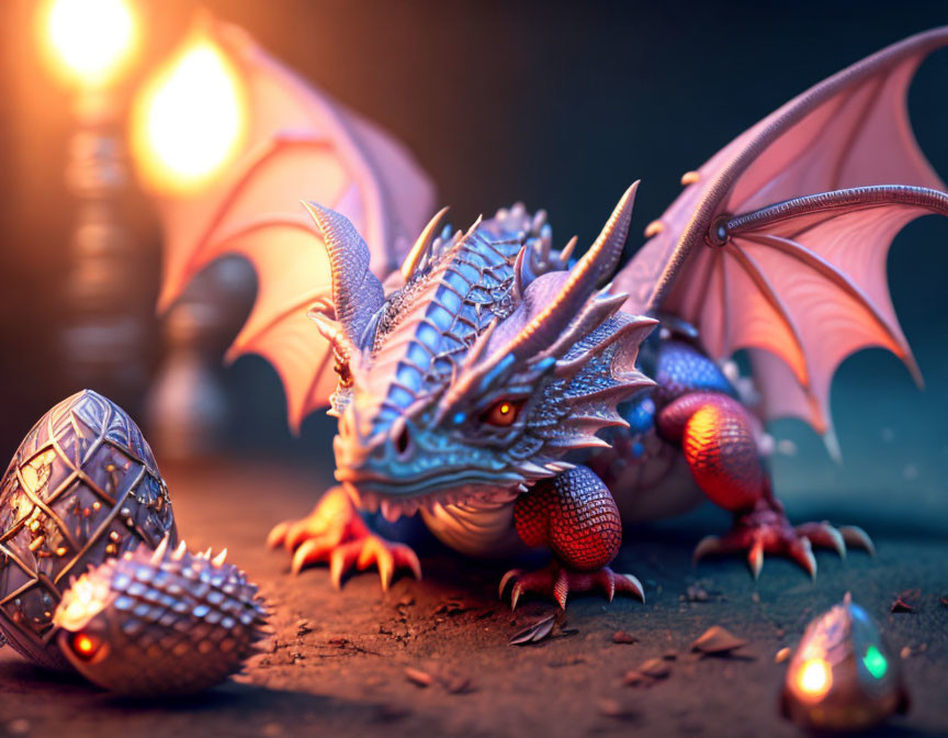 Blue dragon with intricate scales and membranous wings next to metallic artifacts in warm glow