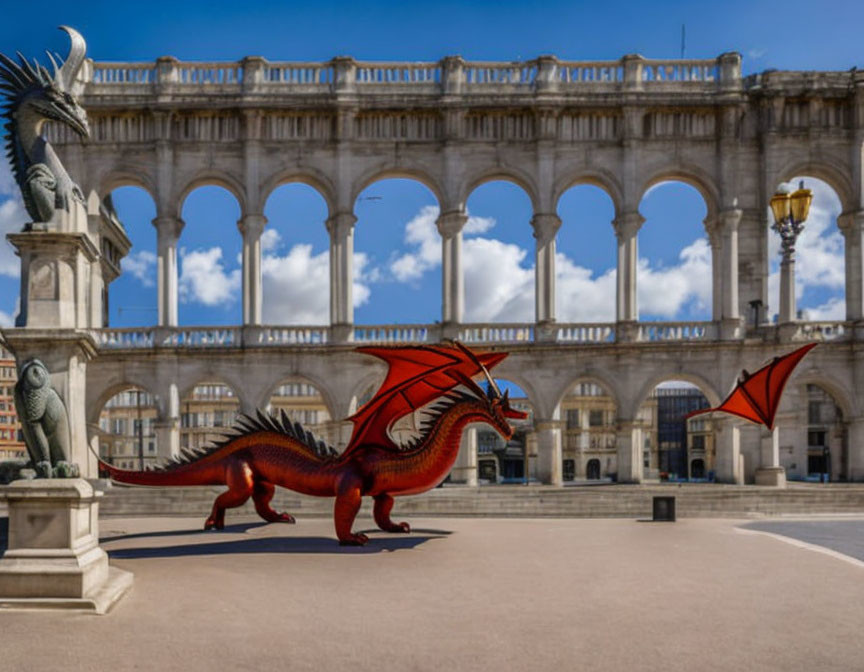 Red Dragon Sculpture in Plaza with White Arcades and Lampposts