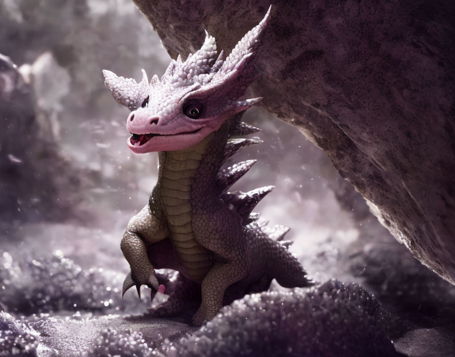 Young dragon with pink skin and white horns in misty purple environment