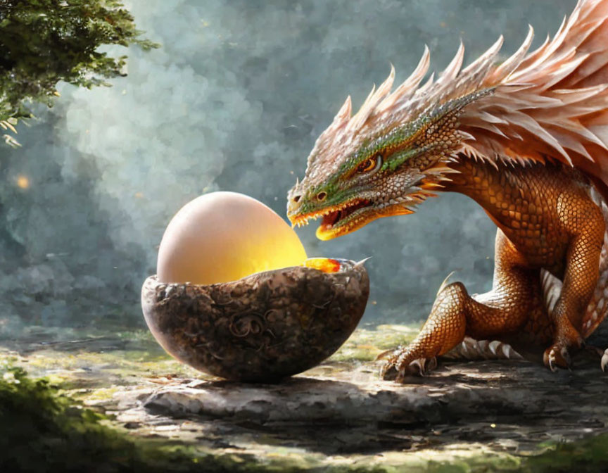 Majestic dragon with glowing egg in mystical forest setting