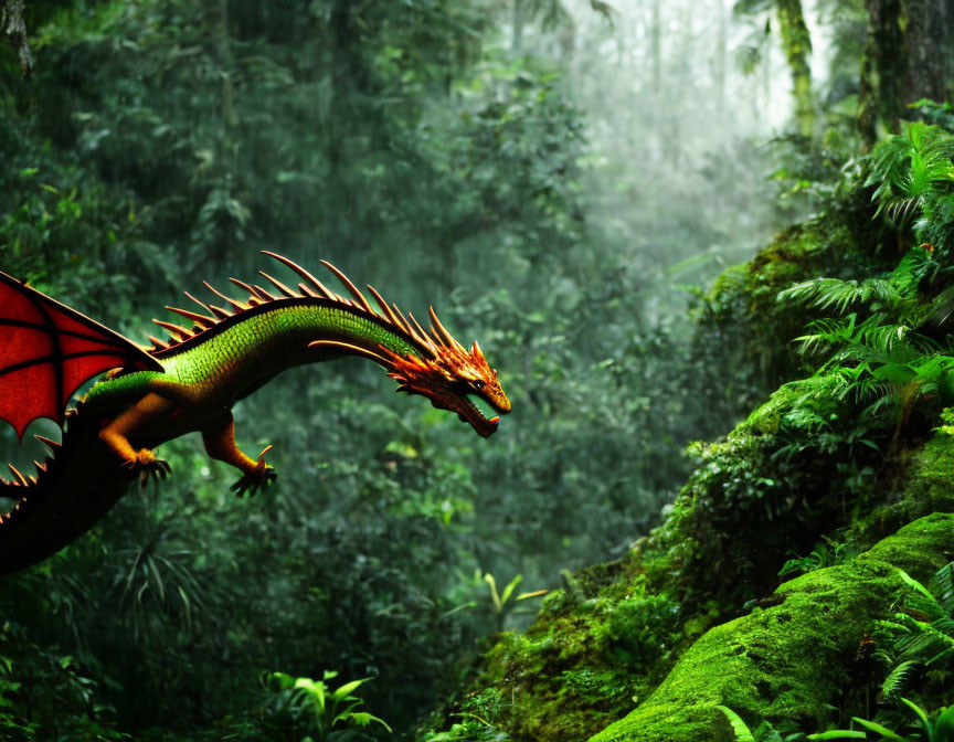 Colorful Dragon Resting on Mossy Ledge in Lush Forest