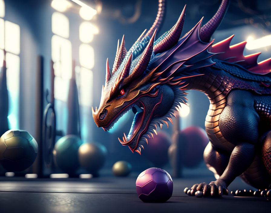 Red and Purple Dragon Among Gym Balls: Powerful Presence in Unexpected Setting