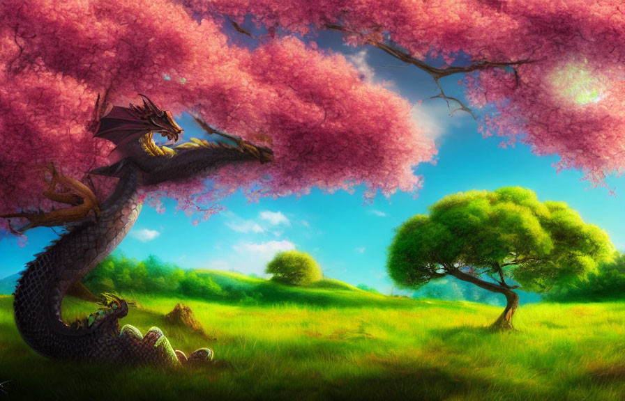 Majestic dragon under pink cherry blossom tree in lush meadow