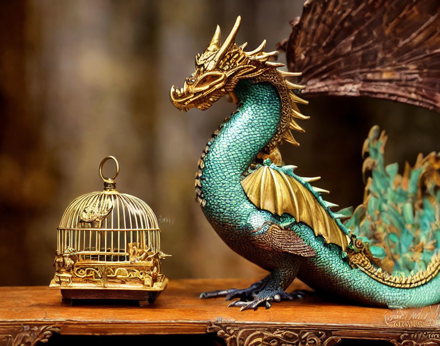 Detailed Green Dragon Model with Golden Accents and Birdcage on Wood Surface