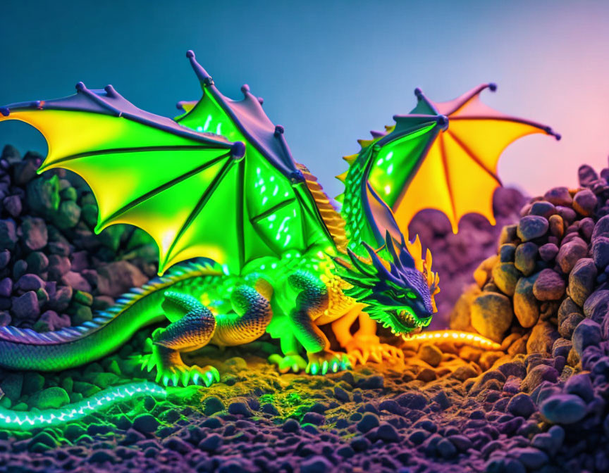 Vibrant toy dragons with spread wings in colorful lighting
