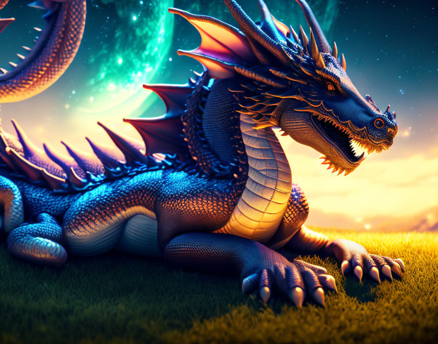 Blue dragon with orange spikes in starry sky landscape