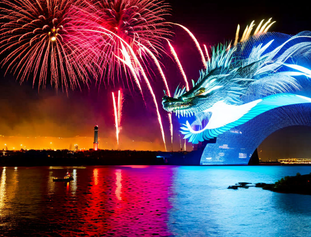 Colorful fireworks light up night sky over water with dragon-shaped structure