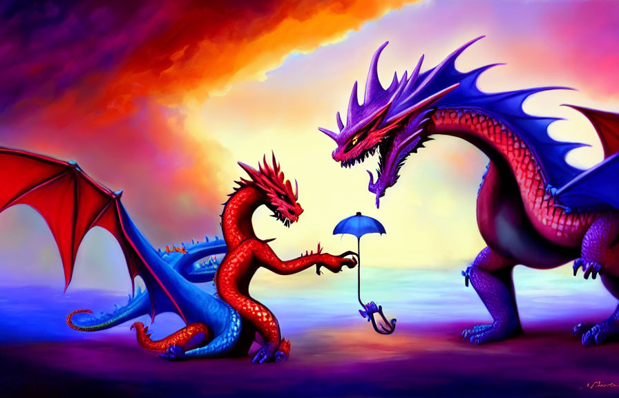Colorful Dragons Exchange Umbrella under Vivid Sky