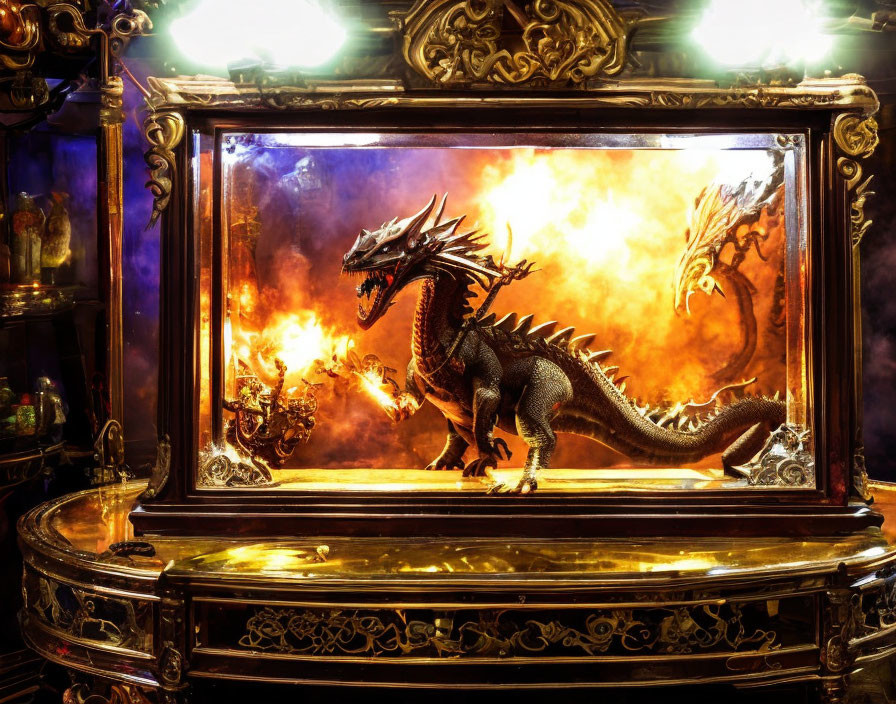 Ornate frame with fierce dragon scene on antique cabinet