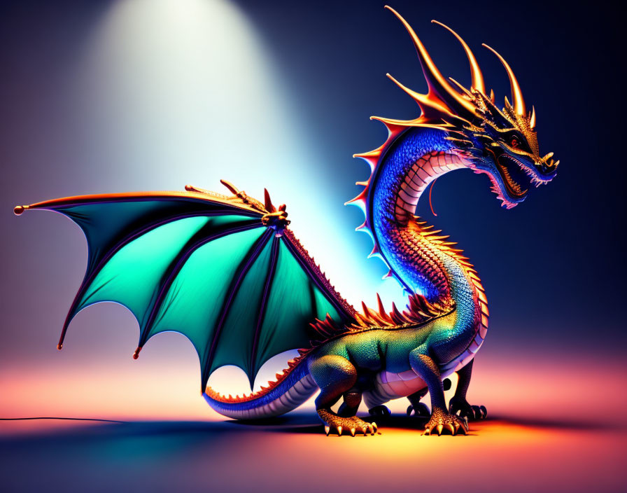 Colorful Dragon Illustration with Blue and Orange Scales and Ornate Horns