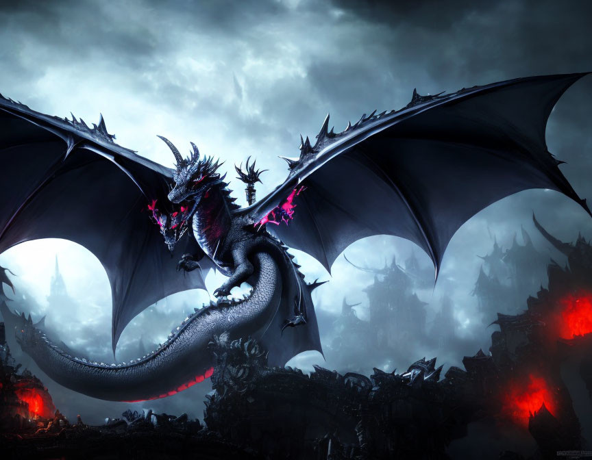 Black Dragon with Glowing Red Eyes in Fantasy Ruins Stormy Sky