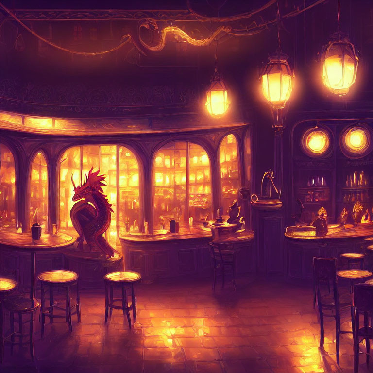 Fantasy tavern with patrons, shelves of bottles, lamps, and red dragon.