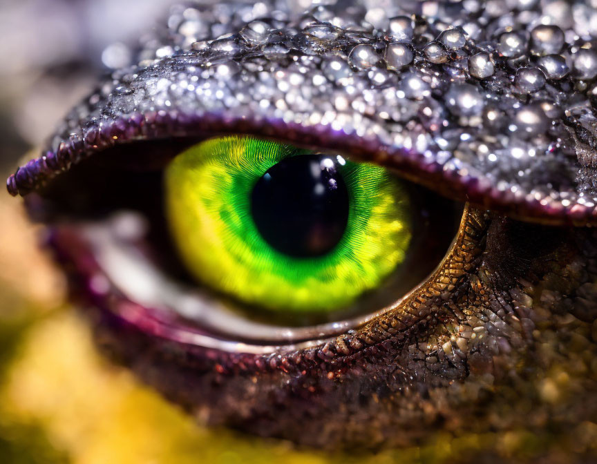 Vibrant green and black reptile eye with textured scales and water droplets