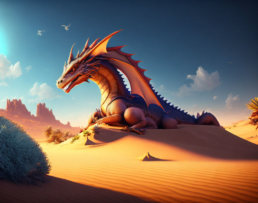 Majestic dragon on desert dunes with rock formations and birds in the sky