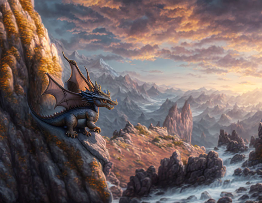 Majestic dragon on cliff in dramatic landscape