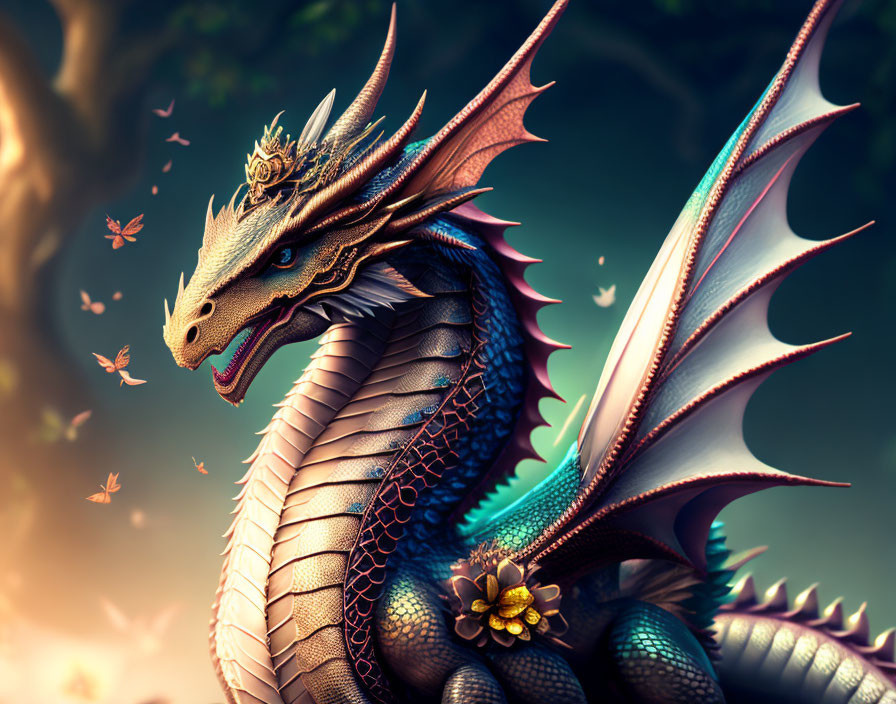 Iridescent Dragon with Majestic Wings and Leaves in Flight