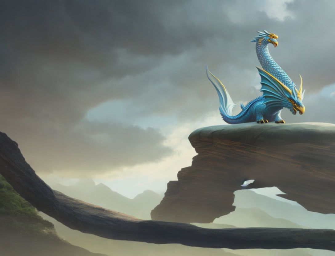Blue dragon perched on cliff with unfurled wings under stormy sky