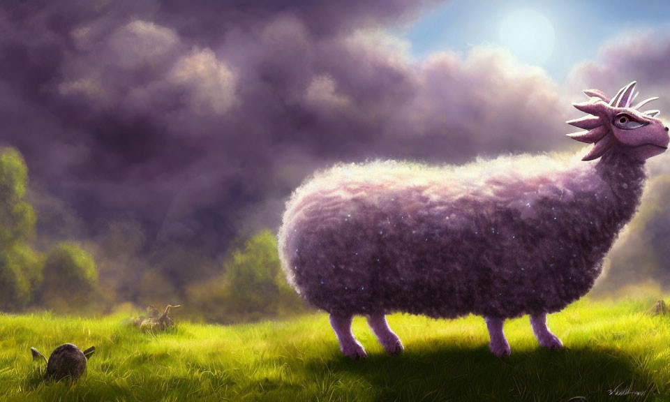 Fluffy purple sheep with horns in lush green field under dramatic sky