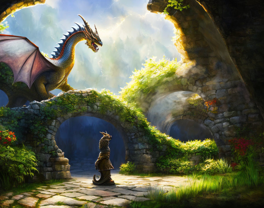 Majestic dragon and armored figure in ancient ruins under luminous sky