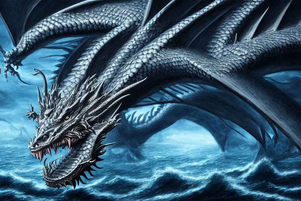 Mythical multi-headed dragon soaring above ocean with intricate scales.
