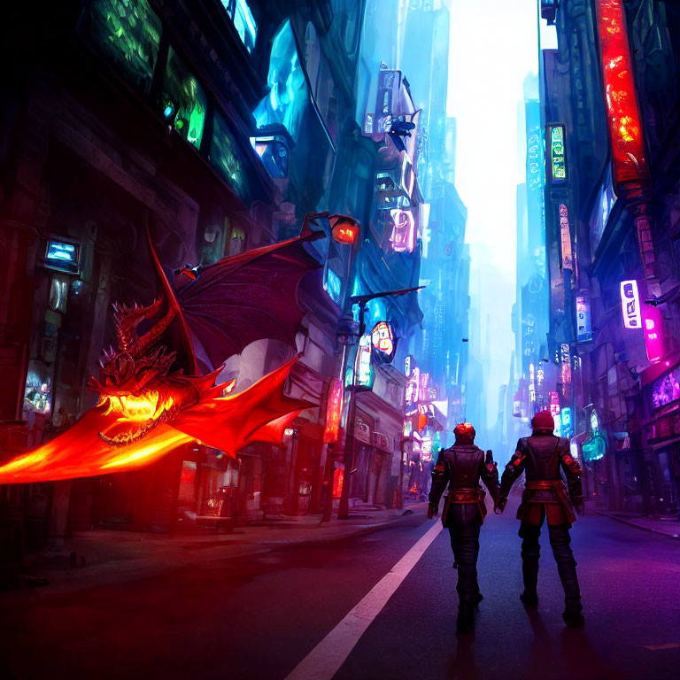 Armored figures in neon-lit city with glowing dragon