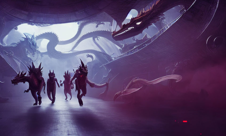 Dragons in futuristic cavern with purple haze