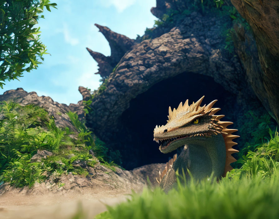 Dragon peeking out from lush green cave environment.
