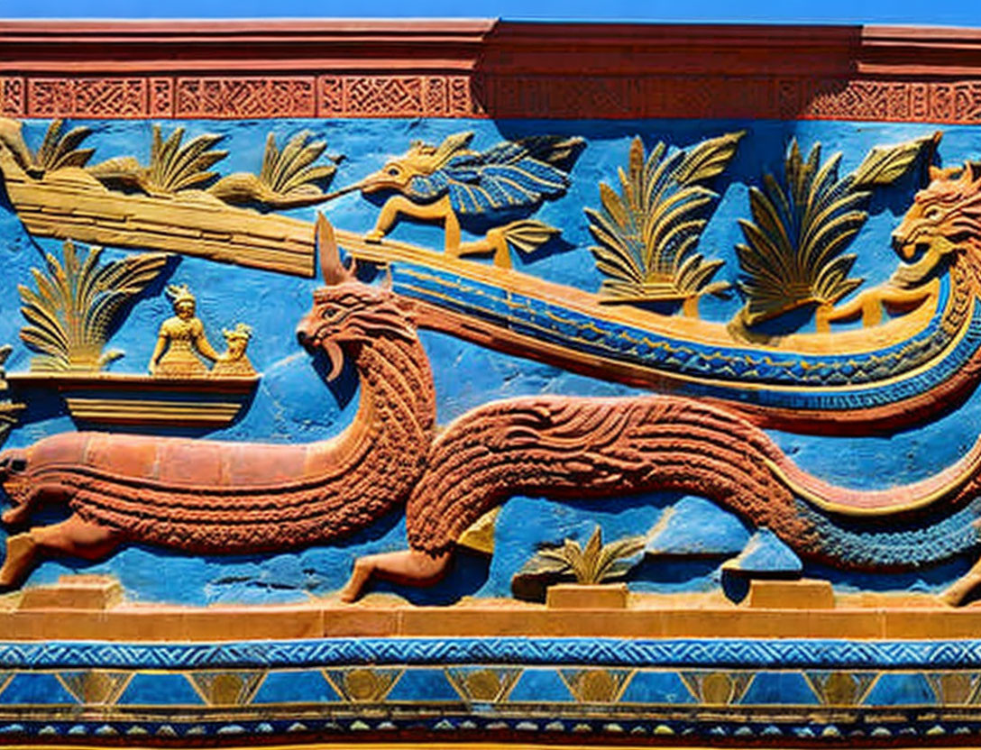 Colorful Bas-Relief of Mythological Creatures and Patterns on Temple Wall