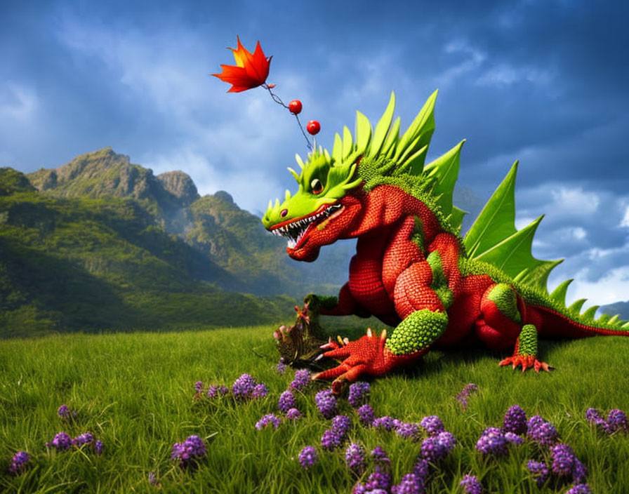 Colorful dragon and knight scene with mountain backdrop