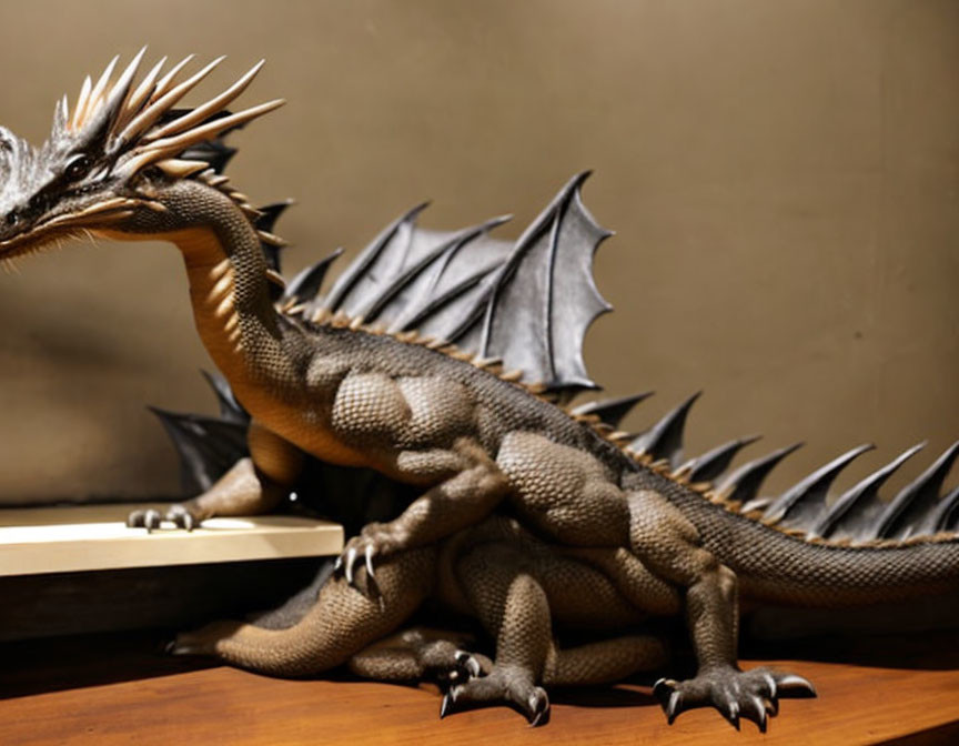 Detailed Dragon Model with Spikes, Wings, and Scales on Wooden Surface