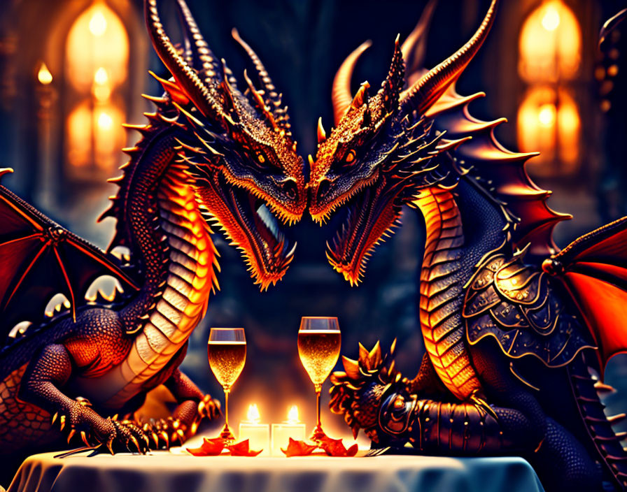 Intricately detailed dragons at dinner table with candles and wine glasses