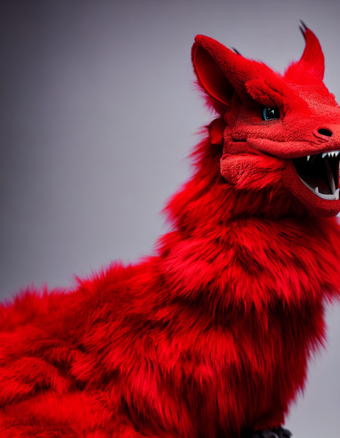 Vibrant Red Furry Dragon Costume on Playful Person