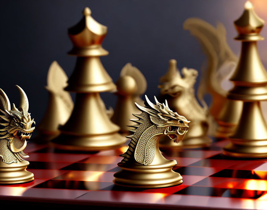 Golden Fantasy Chess Set with Dragon and Mythical Creature Designs on Dark Checkered Board