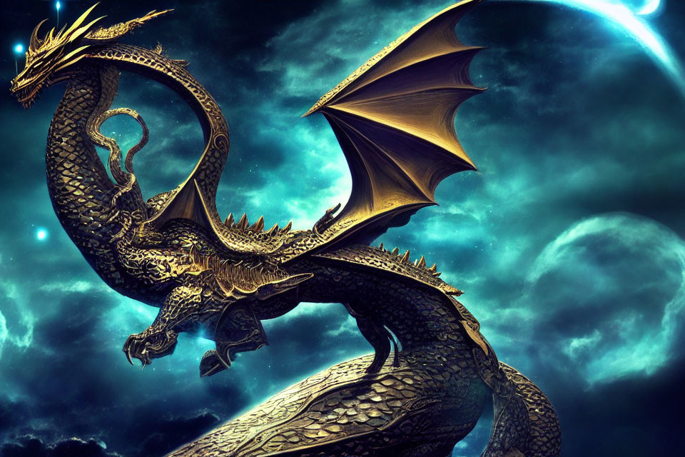 Golden dragon flying through moonlit sky with shimmering scales and extended wings