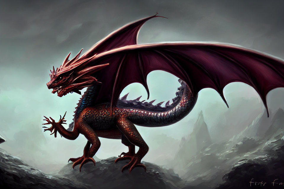 Majestic red and black dragon on rocky terrain under cloudy sky