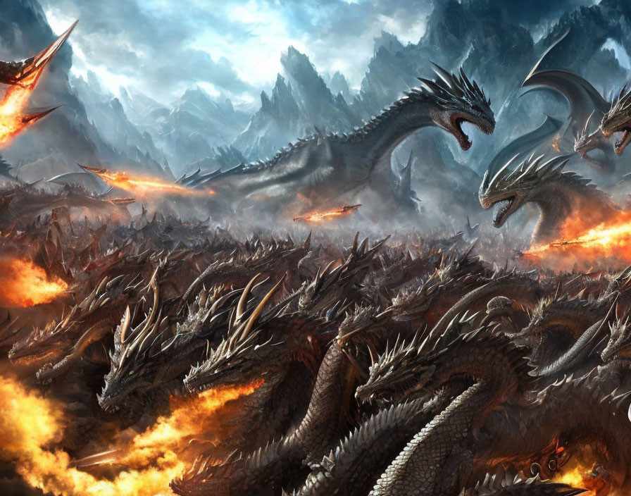 Mythical dragons in fiery mountain landscape with multiple heads and outstretched wings