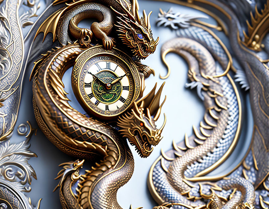 Golden dragon coiled around intricate clock on baroque silver background