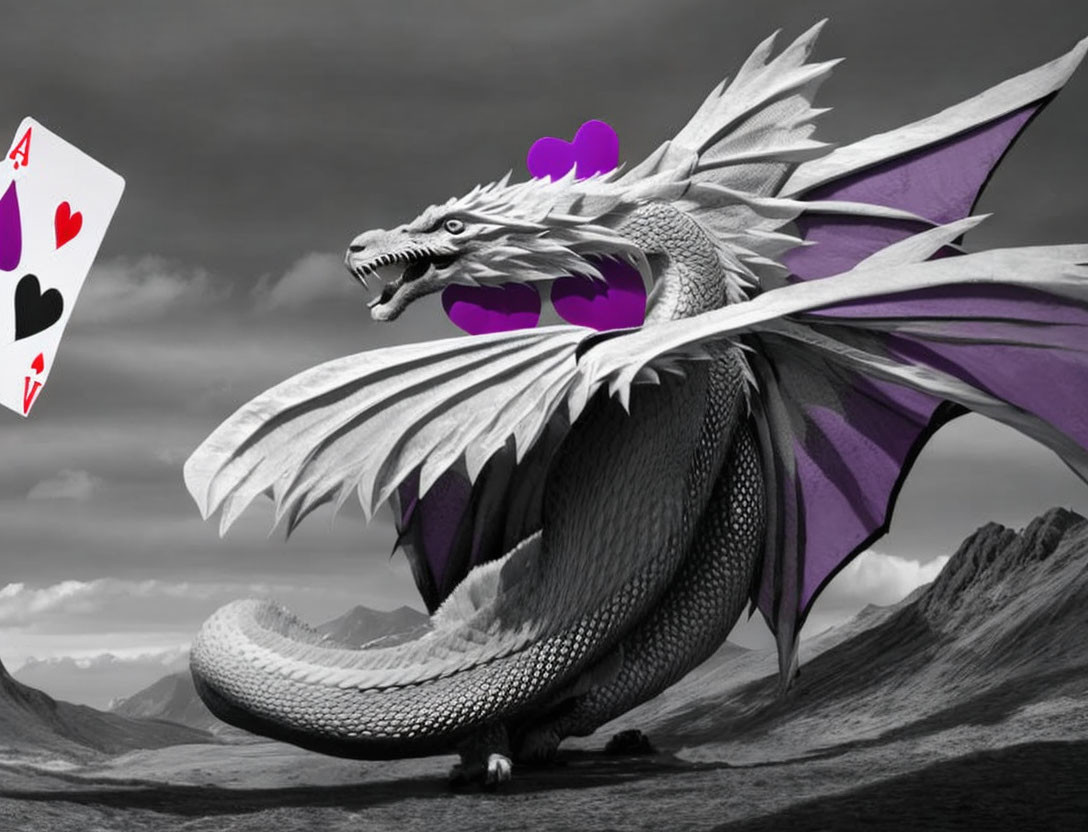 Grayscale dragon with purple wings in mountain landscape with hearts and ace of hearts.