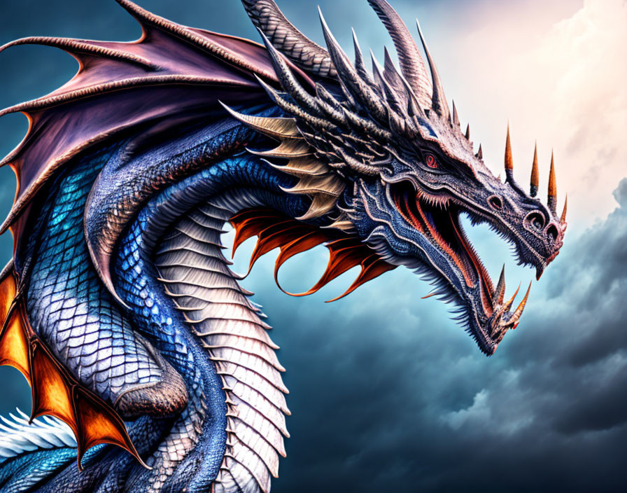 Three-Headed Blue Dragon with Orange Wings and Horns in Stormy Sky