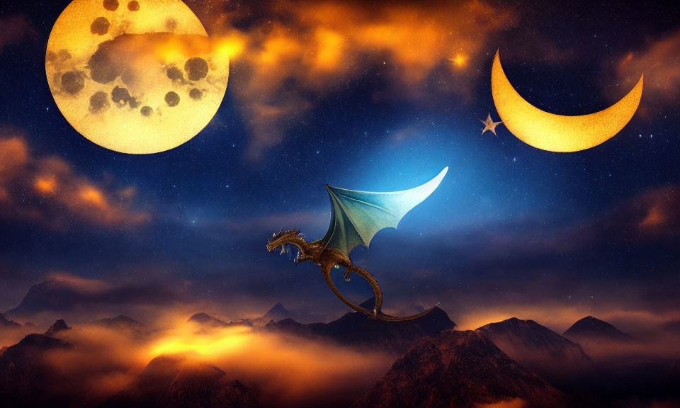 Dragon flying in mystical night sky over moonlit mountains