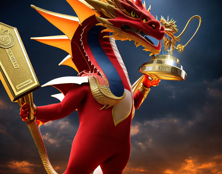 Colorful Dragon Illustration with Red Outfit and Golden Staff on Dramatic Sky Background