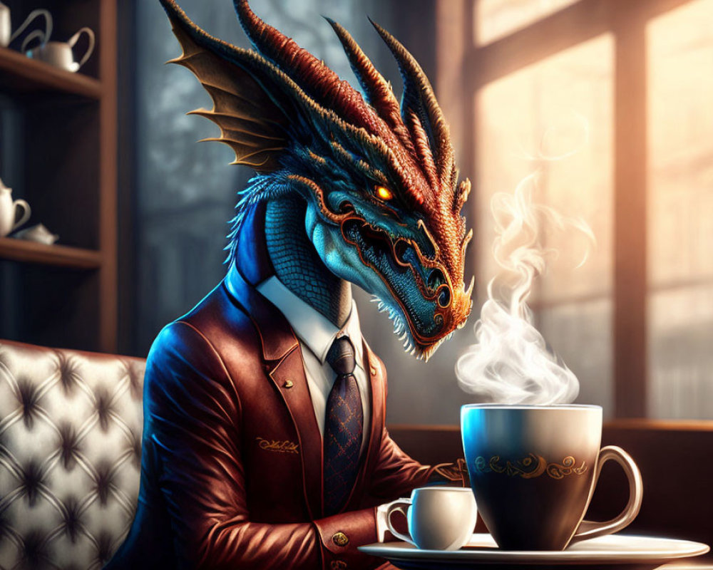 Dragon in Tailored Suit Enjoys Coffee in Sunlit Cafe
